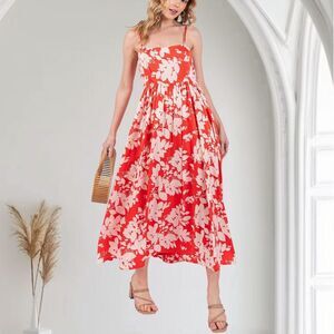 ee:some NWT Elegant Red Leaf Print Satin Square Neck Midi Maxi Dress L Large